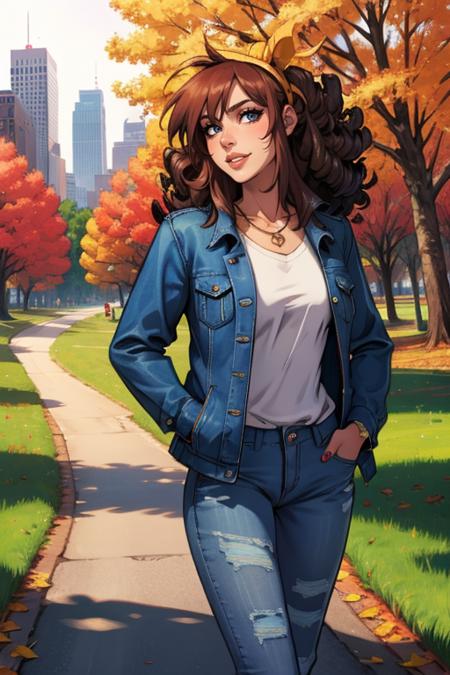 1girl,  solo,  long hair,  looking at viewer,  blue eyes,  brown hair,  shirt,  jewelry,  jacket,  white shirt,  open clothes,  pants,  necklace,  nail polish,  open jacket,  lips,  black jacket,  head tilt,  tattoo,  denim,  blue jacket,  red nails,  hand in pocket,  jeans,  print shirt,  denim jacket, background: central park in autumn,  trees and leaves falling, 