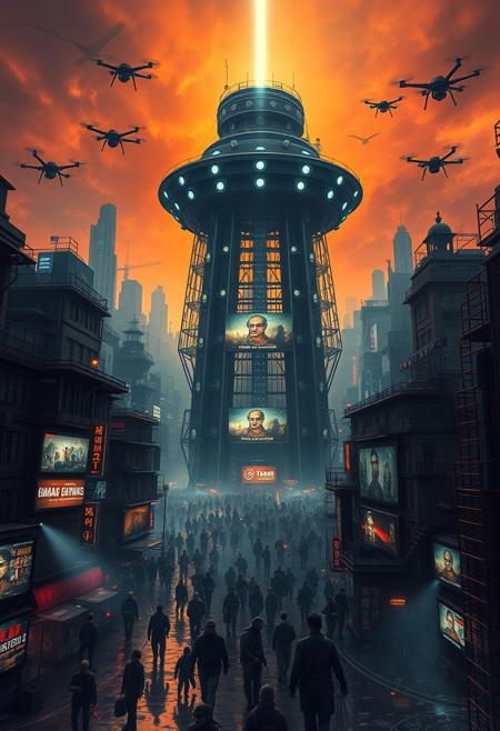 A towering, futuristic panopticon structure at the center of a sprawling dystopian city under a dim, smoky orange sky. The panopticon is made of dark, gleaming steel, with hundreds of glowing surveillance eyes scanning the chaotic streets below. The city is a maze of crowded, decaying high-rises, holographic advertisements flickering with propaganda, and winding alleys teeming with shadowy figures. Neon lights cast an eerie glow over the wet, reflective streets. People wear grimy, tattered clothing and augmented reality visors, their faces displaying hopeless expressions. Overhead, drones patrol with blinding spotlights. A sense of oppression and technological dominance permeates the scene, with a single beam of cold, sterile light shining from the top of the panopticon into the clouds. The atmosphere is gritty, intense, and foreboding.