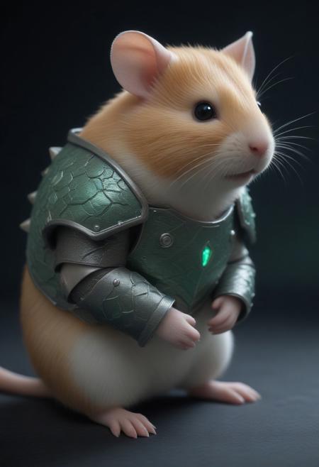 animal, armored hamster, intricate scales, novuschroma54 style armor plating, glowing gemstone embedded in bracer, slit pupils, futuristic design, green energy accents, reinforced metallic structure, detailed textures, high-tech aesthetic, cinematic lighting, dynamic pose, fantasy cybernetic fusion