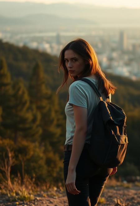 lone roguish female figure, walking away, glancing over shoulder, distant cityscape, transitioning from forest to urban environment, golden light of early morning or late afternoon, cinematic, journey progression, emotional warmth, subtle glance, candid, moment of doubt or hesitation, reflection on the journey, (forest in the background:1.2), city on the horizon, inviting introspection, natural light, dramatic lighting, depth of field, (captured naturally:1.2), (detailed background:1.3), (photorealism:1.4), 8k UHD, (blurry:-1.3), (lowres:-1.5), (ugly:-1.2), (mutated:-1.4), (worst quality:-1.4), (bad anatomy:-1.3), (cartoon:-1.1), (sketch:-1.1), (distorted proportions:-1.3), (extra limbs:-1.5), (cgi:-1.4), (extra characters:-1.5), (savanna:-1.4)