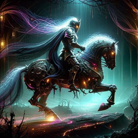 Cyberspace, glowing magical energy in cyberspace, armored knight riding a mechanical horse, glowing eyes, silver neon armor, dark background, eerie atmosphere, gothic, grimdark, fantasy art, medieval, detailed armor, eerie glow, full armor, helmet with glowing eyes, cape, rocky ground, fantasy creature, horror theme, fantasy setting, high contrast, detailed textures, ominous, dark tones, realistic lighting, haunting, eerie glow, medieval fantasy, gothic style, detailed rendering, fantasy character, dark ambiance, eerie environment, fantasy creature, armored knight, glowing eyes, riding horse, knight over horse
