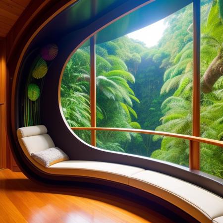 a cozy futuristic loungeroom with curved walls looking out onto the rainforest, style_solarpunk,  High Detail, Sharp focus, trending on artstation, Digital art,