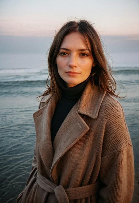 A beautiful 35mm photo of a 30 year old Dutch woman, polaroid photo style, ((turtleneck sweater)), ((leather trenchcoat)), ((full body:1.2)), polaroid film style, she has a comely face, shy smile, in love, pale skin, very dark eyes, chocolate brown hair, straight hair, 70's fringe, beautiful mouth, long face, narrow chin, freckles on nose, birthmarks on stomach, she is slim, natural tits, perfectly shaped tits, pubic hair, ultra realistic, extremely detailed, highly detailed eyes, realistic eyes, highly detailed skin, realistic skin, on the beach at the Dutch coastline, foggy 
cloudy, beautiful lighting, soft natural light, golden hour light, perfect light, Rembrandt style light, 8k resolution, masterpiece, 35mm,Camera="Hasselblad X1D 50c", Lens="Hasselblad XCD 90 mm f/3.2 ", "Aperture-of=f/2.8", "ISO=100", film grain, (ultra high res:1.2),(photo-realistic:1.3) (skin pores:1.1)