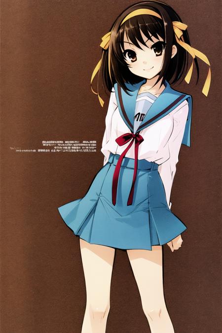 1girl, solo, suzumiya haruhi, school uniform, kita high school uniform, blue sailor collar, winter uniform, skirt, sailor collar, serafuku, blue skirt, brown hair, short hair, armband, ribbon, brown eyes, long sleeves, hairband,  <lora:Itou Noizi:0.8>