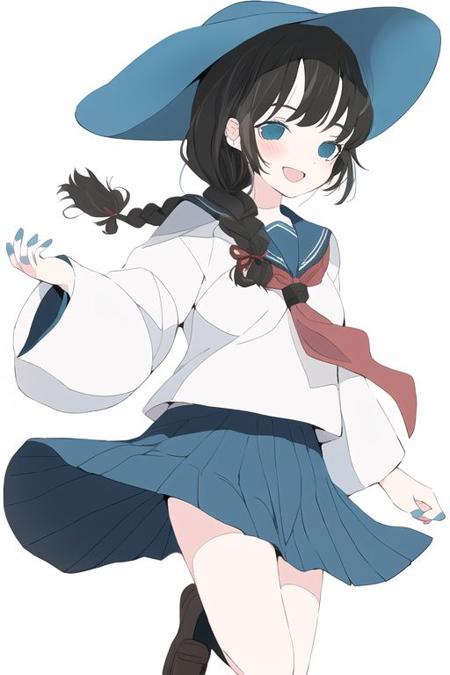 1girl, black hair, blue eyes, blue nails, braid, hair over shoulder, long hair, nail polish, single braid ,
hat, neckerchief, red neckerchief, school uniform, serafuku, sun hat ,
:d, blush, foot out of frame, looking at viewer, looking to the side, smile, standing, standing on one leg ,
flower, shikigami, solo, two-tone background, white background, white flower ,
<lora:nocopyrightgirl-v1.0:0.9>