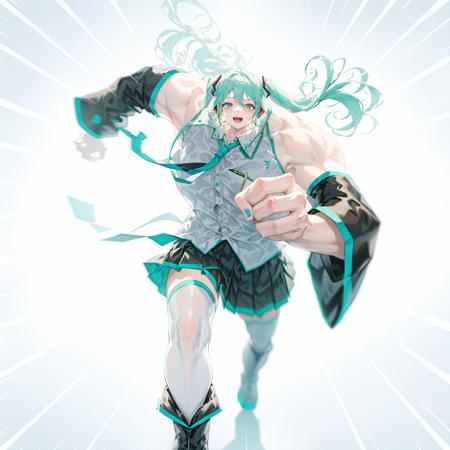 kqtlt, 1boy,hatsune miku, solo, necktie, skirt, long hair, detached sleeves, thighhighs, twintails, genderswap \(ftm\), aqua necktie, sleeveless, shirt, bare shoulders, sleeveless shirt, aqua hair, black skirt, white background, hatsune miku \(cosplay\), open mouth, crossdressing, black thighhighs, pectorals, blurry, pleated skirt, miniskirt, nail polish, collared shirt, simple background, aqua nails, headphones, zettai ryouiki, very long hair, grey shirt, boots, genderswap, depth of field,male Focus,muscle man