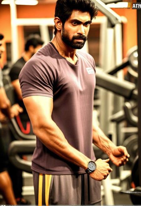 4k, Sendhil Ramamurthy a man <lora:rana-daggubati_Sendhil-Ramamurthy:1> in the gym, sweaty, muscular, abs, pecs, slight smile, back to camera, flexing, guys in the background admiring him.