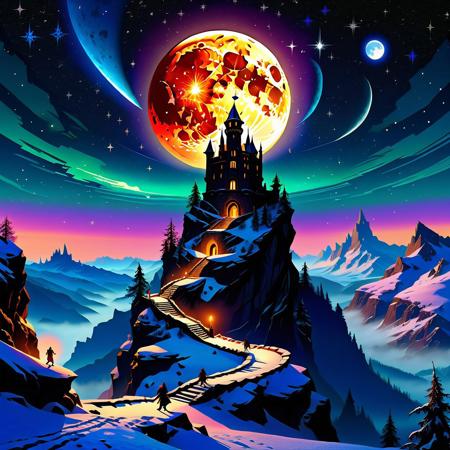high quality, ultra detailed, colorful, abstract, fantasy, bo-abyss, A D&D group of adventurers travelling in a fantasy world, arriving at a magicianâs tower on the top of a snowed mountain. The tower looks like a fantasy medieval strata observatory. It is night and there are a lot of stars, a meteor far away and a full light moon in the sky.