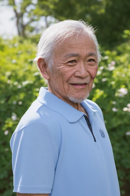 myjs, (japanese, realistic, detailed, beautiful), (natural lighting:1.2), smile, 
portrait of beard old (man:1.6) in golfwear standing at garden, looking at viewer, upper body
<lora:myjs_v3n:1:0.7>