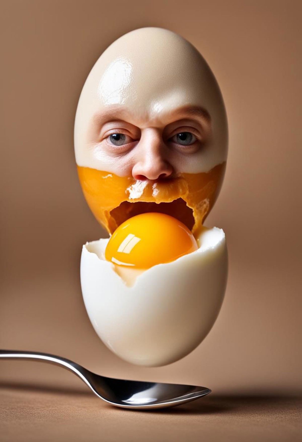 Boiled egg with shell, egg white, egg yolk and spoon sticking in egg looks like a human head, morph, photo realistic