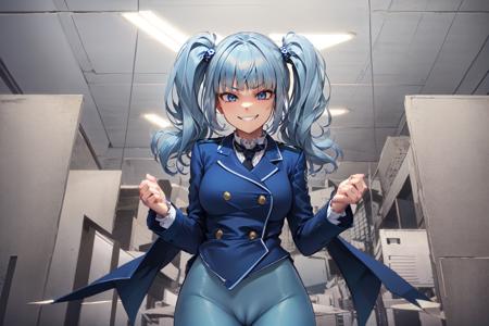 (Highres), 4K, Detailed, (Inricate Details:1.2), (Hyper Detailed:1.4), (Digital Art:1.2), 

(Indoors:1.4), (Office:1.2), 

1Girl, Solo, (Standing:1.2) (Upped Body:1.2), 

Twintails, Long Hair, (Blunt Bangs:1.2), Blue Hair,

Blue Eyes, (Evil Grin:1.2), Looking at viewer, 

(Cameltoe:1.4), 

Uniform, (Blue Jacket:1.1), (Light Blue Leggings:1.4), Hair Ornament, 

 <lora:RKN-Chan:0.5>, rkn, rkn-chan, 

1Girl, Solo, Twintails, Blue Hair, Blunt Bangs, Blue Eyes, Uniform, Blue Jacket, Blue Leggings, RKN, RKN-Chan,