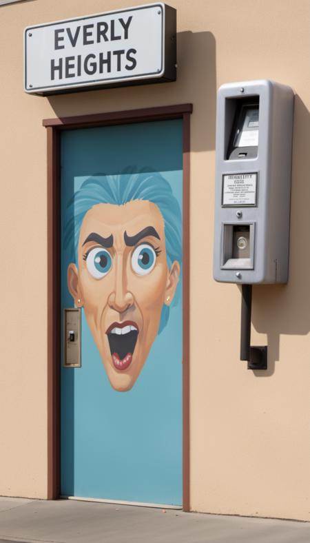 <lora:Mystery_Inc_BackgroundsXL:1> a building with a 1990s mural of a face on the side of it's door and windows and a parking meter and a sign that says "EVERLY HEIGHTS COMMUNITY CENTER"