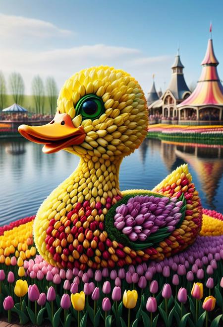 high quality, high resolution, extremely detailed, jaynl-tm, no humans, duck made of tulips, outdoors, theme park, lake,