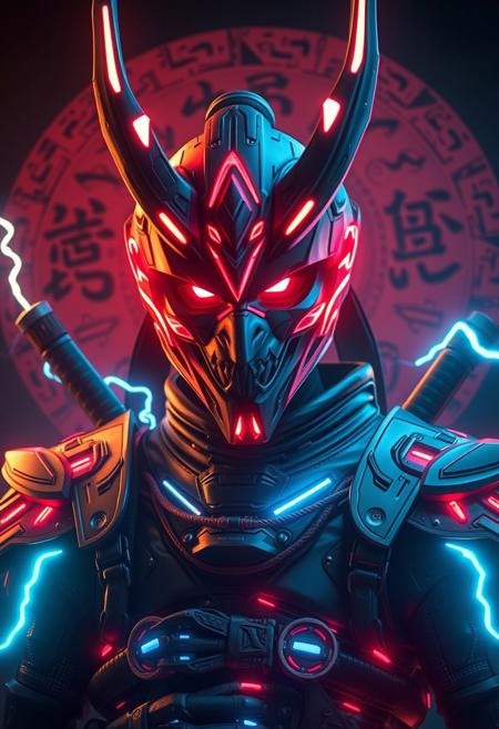 (Realistic:1.9), (cyberpunk.1.5), masterpiece, best quality, volumetric lighting, neon colors, dark background, 1man, male, closeup, Raijin with an oni mask, god of thunder, god of lighting, god of lightning, thunder, and storms, cyber tron neon Raijin armor, full armor, Covered face, covered eyes, standing in front of a tomoe, tomoe background, cyber horns, ninja pose, kunai, blades, flying raijin, so fast leaving mirages, katana