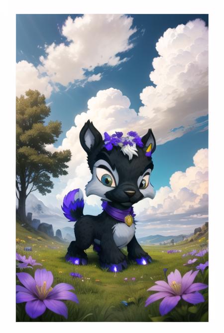 (masterpiece, best quality, highly detailed:1.0), ixi, <lora:Ixi:0.70>, montana, streams, clouds, bluish sky, few flowers, grazing, goat eating grass,black fur, white spots, bright violet eyes