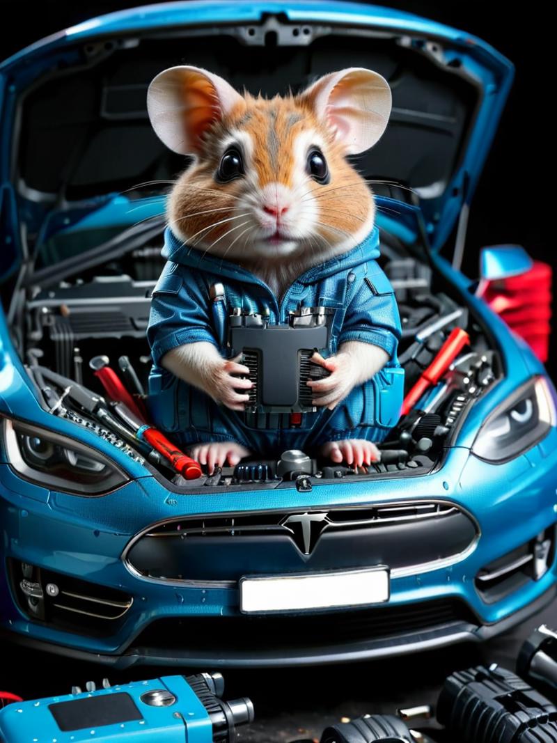 A hamster in a blue coverall standing in a car engine compartment.