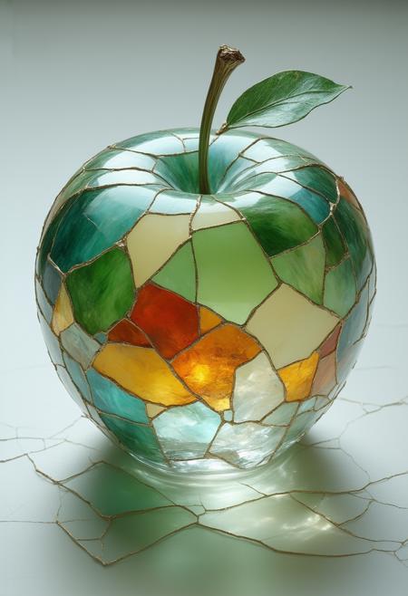 An exquisite and surreal depiction of a beautifully crafted apple made of crystal-clear glass, symbolizing the harmony of two seasons, rendered in a fractured, stained-glass Cubist style. The composition fractures the apple into geometric shards, each reflecting a different aspect of springtime and autumn â blossoms and falling leaves, vibrant green and warm oranges. Multiple perspectives reveal the apple's crystalline structure, blending photorealistic detail with abstract fragmentation. Hues of emerald, ruby, and gold dominate the palette, contrasted by stark black outlines and a gentle, internal luminescence that emanates from within the glass. The overall effect is a visually arresting representation of cyclical change, beauty, and the delicate balance of nature. Ultra detailed, 8k resolution, volumetric lighting, octane render, emphasizing the transparency and reflective qualities of the glass.