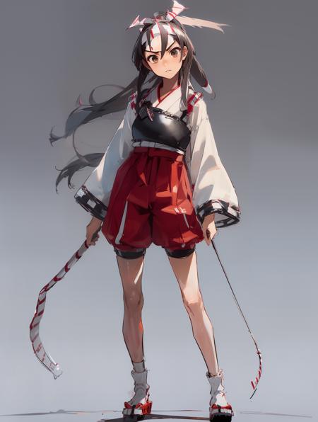 realistic, best quality, photorealistic, masterpiece, 8k, absurdres, extremely detailed face, 1girl,  <lora:Zuiho_v03:1:MIDD>, Zuiho, (muneate:1.8), red_hakama, red_shorts, hachimaki, dojo, standing, open stance, holding bow, serious, facing sideways, full body,