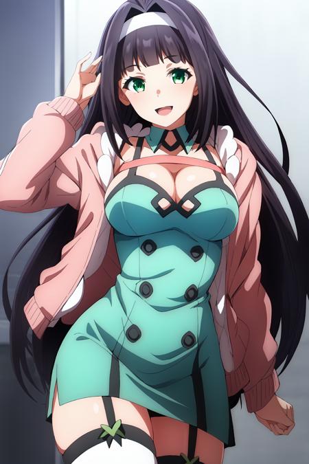 1girl, solo, long hair, breasts, looking at viewer, smile, open mouth, black hair, thighhighs, dress, cleavage, medium breasts, green eyes, jacket, hairband, white hairband, pink jacket, green dress, sumire_mochinoki, smile, perfect anatomy, pose