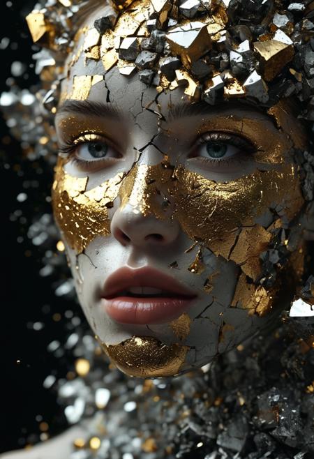 the pale head of a brunette woman being consumed by a cubed effect material in 3d, the woman has her eyes and mouth closed whilst this titanium and pyrite material consumes her (((cracked))) skin. She is within a foundation of pyrite crystals that keep her mind alive, this moulding is taking over. Black background, the stones offer a variety of bright reflections. A perfect blend of life and death in this abstract scene. cinematic lighting, ultra detailed and realistic in 8k
<lora:add-detail-xl:0.5>, <lora:MJ52:0.5>, 
#<lora:artfullyECHELIER_SDXL_V1:0.7>