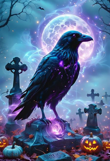 Mystic Lumina,large menacing crow, crow focused, Halloween, spooky, haunted, graveyard full of pumpkin, ethereal, dreamy, purple glow, blue mist, masterpiece (black:1.5), (gray:1.5).