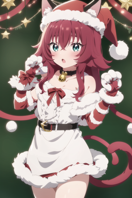 1girl, animal ears, paw gloves, tail, solo, animal hands, long sleeves, capelet, santa hat, Green eyes, cat tail, gloves, kemonomimi mode, Red hair, ((Merry Christmas!🎄🎁 ❤️)), white shirt, snowing, shirt, red capelet, cat ears, collar, long Very hair, fur trim, bell, looking at viewer, sack, fur-trimmed capelet, red headwear, hand on headwear, heart, tail ornament, red collar, blush, holding sack, striped, sidelocks, depth of field, striped bow, christmas, looking at viewer, tail ribbon, cowboy shot, ribbon, dress, snow, white dress, night, outdoors, ChristmasTheme, animal ear fluff, Aqua eyes, black eyes, tail bow, ribbon, simple background, bangs, cat girl, wavy hair, extra ears, black gloves, black panties, red bow, red ribbon, standing, collarbone, paw pose, bra, bare shoulders, animal collar, hair between eyes, Christmas costume, 