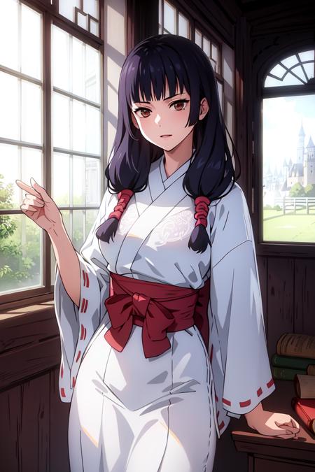 masterpiece, ((ultra detailed background, delicate pattern, intricate detail)), (highly detailed, fine details), best quality, beautiful lighting, ((medium breasts, slim girl)), Utahime, 1girl, solo, black hair, long hair, brown eyes, japanese clothes, twintails, miko, blunt bangs, red hakama, complex detailed background, inside, castle room environment, medieval castle, gray walls, window, bookshelf, (cowboy shot), <lora:Utahime:0.75>