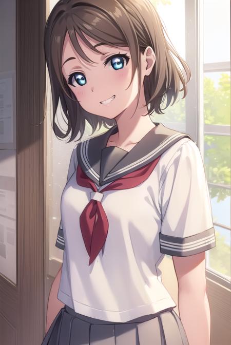 youwatanabe, <lora:you watanabe s2-lora-nochekaiser:1>,
you watanabe, short hair, blue eyes, brown hair, smile, grin,
BREAK skirt, school uniform, short sleeves, pleated skirt, serafuku, socks, neckerchief, kneehighs, black socks, (red neckerchief:1.2), grey skirt, uranohoshi school uniform,
BREAK indoors, classroom,
BREAK looking at viewer, (cowboy shot:1.5),
BREAK <lyco:GoodHands-beta2:1>, (masterpiece:1.2), best quality, high resolution, unity 8k wallpaper, (illustration:0.8), (beautiful detailed eyes:1.6), extremely detailed face, perfect lighting, extremely detailed CG, (perfect hands, perfect anatomy),