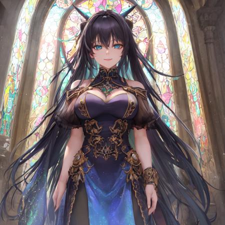 close POV, young adult woman, blue purple green color palette, black hair with dark green shine, two symmetrical antennae on head, big blue eyes sparkling, rings around eyes, two-tone black and red, smiling at the camera, elegant pose, looking at the viewer, vivid stained glass window background, oil painting, character portrait, drawn in medibang paint, 4k wallpaper, aesthetic, masterpiece, award-winning photography, macro photography vivid colors, photorealistic, atmospheric, cinematic, moody, rule of thirds, majestic, detailed, perfect anatomy cowboy shot, contrapposto, looking at viewer, highres, superb, 8k wallpaper, extremely detailed, intricate, unreal engine 5, volumetric lighting, realistic, realistic lighting, cinematic, 4k, cinematic lighting, 8k, depth of field, 3d, masterpiece, perfect, award-winning, hyper-detailed, photorealistic, ultra realistic, realistic light, hard lighting, intricate details, stop motion, hyperfocus, tonemapping, sharp focus, hyper detailed, detailed eyes, eyes focus, (illustration:1.1), highres, (extremely detailed CG unity 8k wallpaper:1.1), (mid shot1.25), (portrait:1.25), (solo:1.2), 1girl, (beautiful face:1.15), (nixeu_soft:0.7), (nixeu_white:0.7),