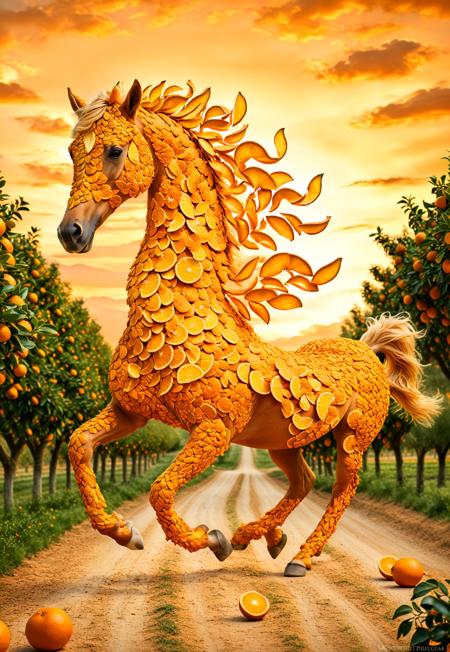 "A surreal horse made entirely of orange peel segments, galloping across a citrus orchard under an orange-tinted sky, segments flying off mid-stride, inner body glowing with warm golden light, dreamy cinematic lighting, magical realism, vibrant orange aesthetic, fantasy concept art"