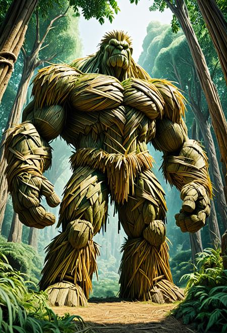 score_9,score_8_up,score_7_up, The image depicts a towering, muscular golem, seemingly composed of straw, entirely made of straw, standing majestically amidst a lush, verdant forest. Its form is robust and imposing, with broad shoulders and powerful limbs, intricately detailed with organic-like straw textures. the view emphasizing the grandeur of the forest guardian. The surrounding environment is in natural light, filtering through the dense canopy, creating a mystical and fantastical atmosphere.  <lora:1:1>