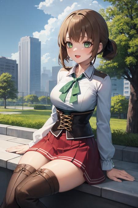 best quality, (masterpiece:1.2), illustration, absurdres,
(1girl, solo),  (beautiful detailed girl),
<lora:DuvalieCasual-09:0.8>, Duvalie, green_eyes, light brown hair, (hair bun:0.8), hair ribbon, medium breasts, medieval_outfit, brown_thigh_boots, corset, white_shirt, red_skirt, green_neckwear, (fun-loving )(cowboy shot), (sitting) park, city, tall buildings, street, tree, sky, clouds, day,