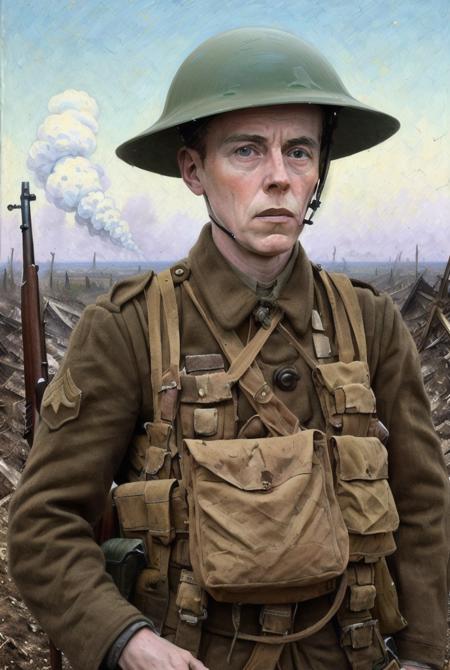 heroic portrait of a man ww1brit holding a rifle on the battlefield, explosions in the background, night setting, apocalypse, Entrenchments,Machine guns,Barren, Suffocating heat, Rattling breath,Deafening blasts, Desolation, Survivor's guilt, Broken mirrors, Pointillism, Rule of thirds, Limited palette, in the style of Max Ernst,Leonora Carrington, ultra detailed, intricate, surrealism, oil on canvas, dry brush, <lora:ww1brit_v0.1:0.9>