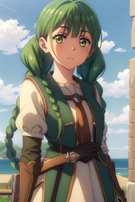 rishiaivyred, <lora:rishia ivyred s3-lora-nochekaiser:1>,
rishia ivyred, long hair, bow, (green eyes:1.3), braid, hair bow, green hair, twin braids,
BREAK gloves, dress, brown gloves, green dress, skirt, white skirt, puffy sleeves,
BREAK outdoors, forest, nature, sun, sky, trees, clouds, grass,
BREAK looking at viewer, (cowboy shot:1.5),
BREAK <lyco:GoodHands-beta2:1>, (masterpiece:1.2), best quality, high resolution, unity 8k wallpaper, (illustration:0.8), (beautiful detailed eyes:1.6), extremely detailed face, perfect lighting, extremely detailed CG, (perfect hands, perfect anatomy),