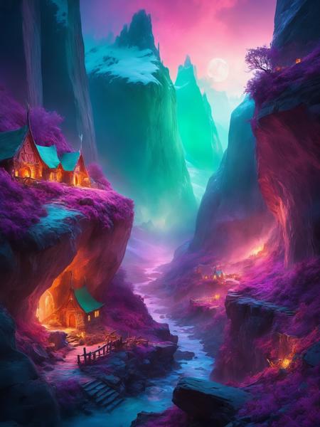 ethereal fantasy concept art of magical Vikings village,first light of dawn through a cliff edge hillside,warm radiance lighting,painted in hues of emerald,pink and lilac,Vikings flit about preparing for the day,style of Kim Keever,style of Mikalojus Ciurlionis. magnificent,celestial,ethereal,painterly,epic,majestic,magical,fantasy art,cover art,dreamy,