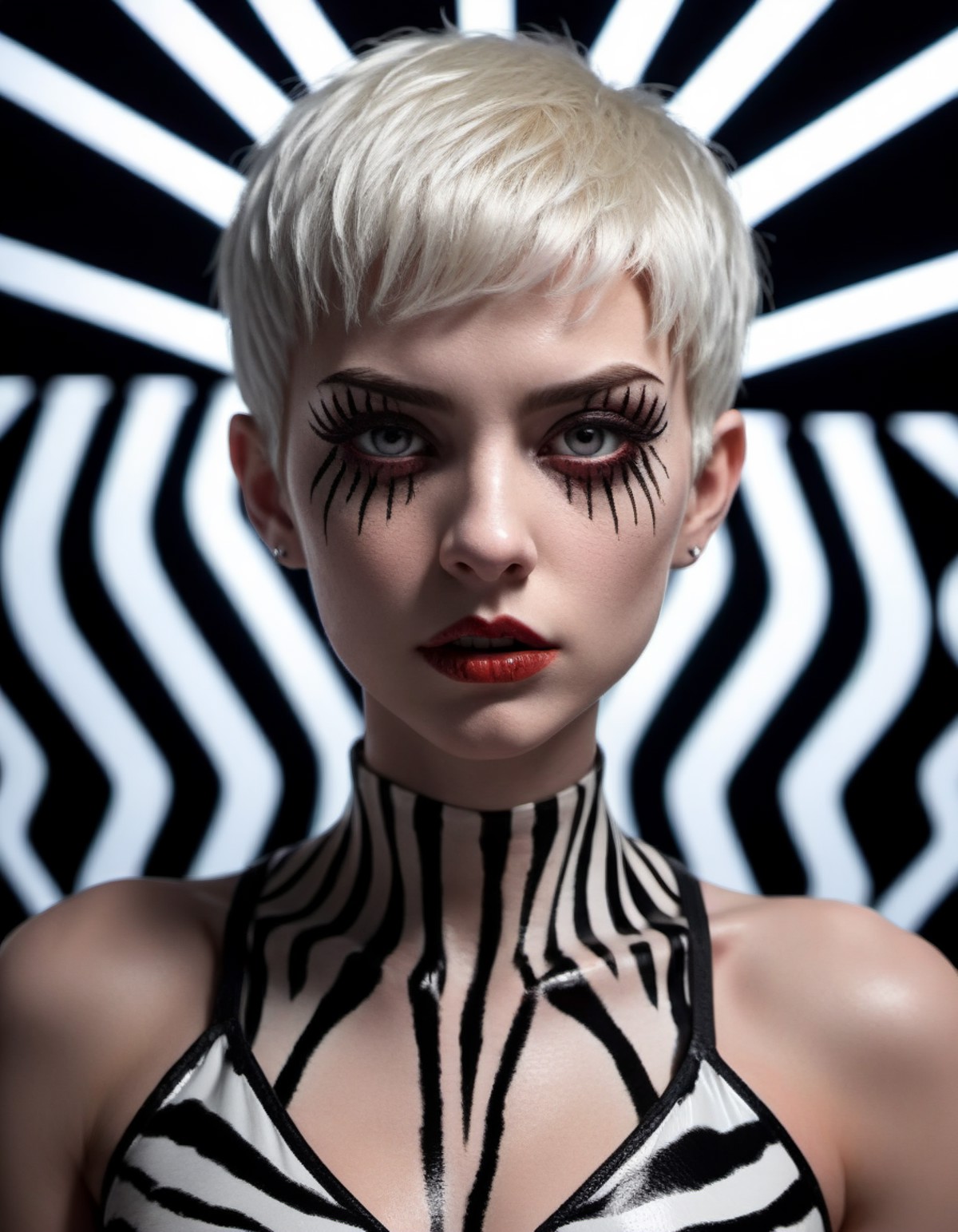 very tall woman demon, (jet black and gleaming white zebra skin patterns:0.8), athletic powerful, elaborate depiction of h...