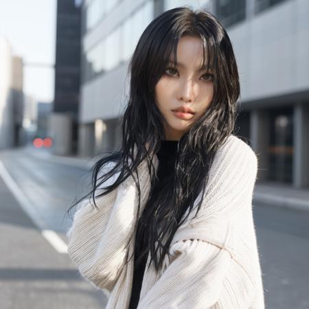 (soyeon:1.3), masterpiece, best quality, 1girl, shiny skin, cinematic lighting, medium breasts, looking at viewer,((black eyeliner)), ((do a face)), messy hair, long black hair, solo, autumn, outdoors, windy, black sweater dress, ribbed, knit, turtleneck sweater dress, black pantyhose, walking, city, shopping, dynamic angle, close-up, ultra-detailed, 8k, rtx, ambient occlusion, rim lighting, bustling,<lora:soyeon_v10:0.9>, <lora:add-detail-xl:4>