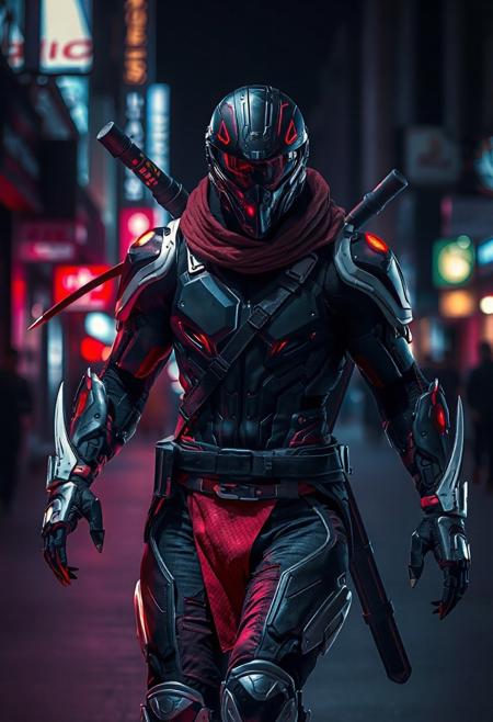 Space Ninja, futuristic, cybernetic sleek armor, high-tech helmet with visor, muscular, black, red, white, color palette, dark city street, night, high-tech laser/steel forearm blades, intricate, menacing walk, powerful, cybernetic aesthetic, high quality, UltraHD