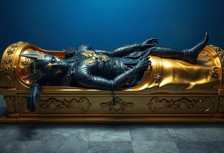 "Create a hyper-realistic, dynamic portrait of the Dark King of the Abyss, dressed in an X-men costume, lying on a gold sarcophagus with japanese collection details. Utilize cinematic lighting, particles, and cybermagnetosphere details. The image should be in portrait mode with a blue wall as the backdrop. Ensure long limbs, a large chest, and a face-forward position. The final piece should have a stunning, flawless completion, and lifelike texture. Rendering should be done using Unreal Engine 5 or Octane Render."