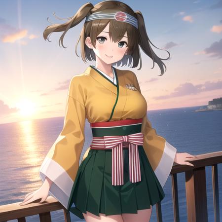 ((masterpiece)),(best quality),official art,extremely detailed CG,unity 8k wallpaper,ultra detailed,A lighthouse on a cliff by the sea,1girl,solo,cowboy shot,short_hair,brown_hair,headband,brown_eyes,one_side_up,smile,blush,japanese_clothes,orange_kimono,large_breasts,green_hakama,hakama_short_skirt,hakama_skirt,looking_at_viewer,wide_sleeves,green_skirt,<lora:Hiryuu(kan)>,