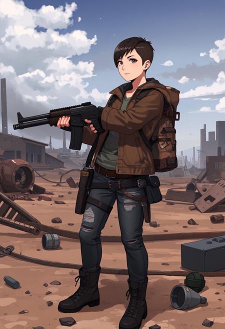 sehele style, fca_style, anime, Post-apocalyptic survivor, centered, wielding a shotgun, 1girl, rugged, short buzzcut that's flecked with gray and brown, weathered leather jacket with metal studs and multiple pockets for scavenged gear. She wears a pair of ripped and faded jeans, along with scuffed up combat boots that have seen their fair share of battles. A desolate wasteland with ruins and rubble scattered everywhere, with the distant hum of engines or machinery echoing through the air.