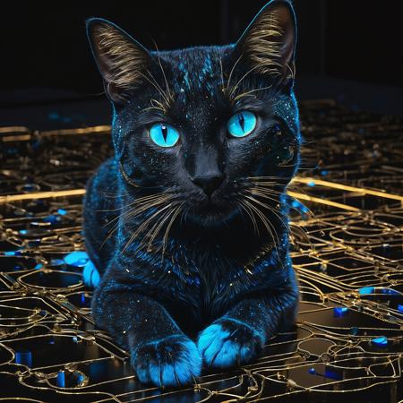 A cat in a chiaroscuro setting with neon blue accents, featuring gold glitter elements, and an added layer of shadow