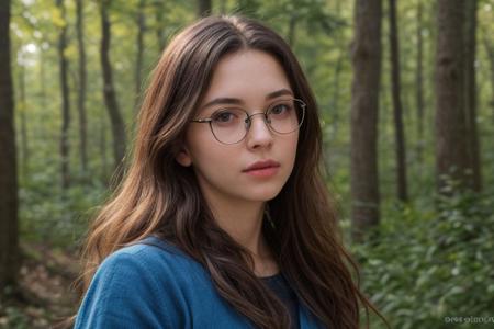 35mm film, one pretty european girl, solo, supermodel, long light brown hair, long wavy hair, pale skin, perfect face, small nose, blue eyes, lips, big tits, nice breasts, necklace, black frame glasses, short blue lace dress with a belt, white heeled shoes, looking at viewer, looking directly at viewer, a breathtaking forest view, offering panoramic views of majestic and sweeping trees, nature light, early spring season, full body view of girl, epiCPhoto, <lora:pytorch_lora_weights:0.5>, <lora:picxer_real:0.7>, <lora:FilmVelvia3:0.3>, <lora:more_details:0.6>