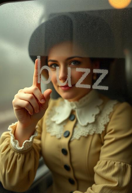 a highly detailed photorealistic image of a woman in victorian-era clothing on a train, writing out the word "buzz" in the condensation of the foggy train window with her fingertip.