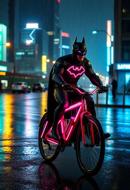 Batman riding a bicycle in the night in a City downtown, it is raining at night, Batman's bicycle is made out of a pink neon light, glowing,