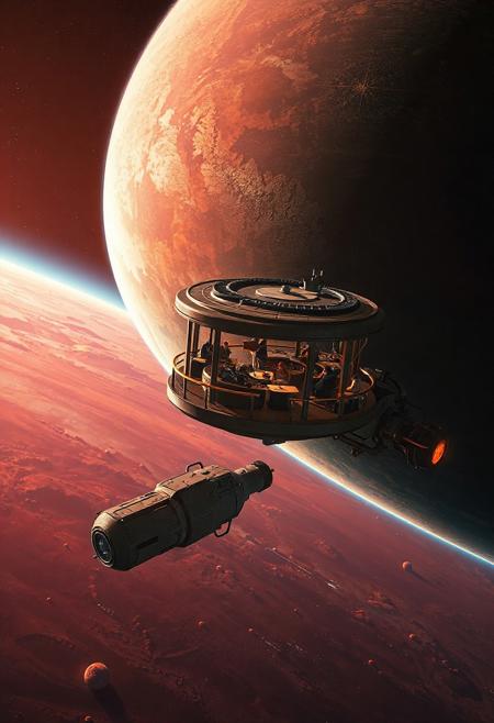 An outside view of an orbiting coffee bar in space, exterior views, docking spacecraft, high orbit, blue planet, cosmic sci-fi vibes, red planet, no atmosphere
