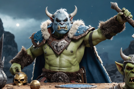 an orc chieftain with graying hair, green skin, wearing a fur cloak with bone trophies, holding a warhammer, solo, from the Stormfang Clan, with storm-blue war paint and lightning symbols, a battlefield with muddy ground, broken weapons, scattered bones, detailed background, throwing a spear, aiming at a target, sneaky, sly grin, portrait focus, close-up shot, a war council with orcs debating, maps on a table, weapons nearby, two small axes, nearby, on a stone path, rough texture, night, starry sky, moonlight glow, cool shadows, late afternoon, warm golden light, lengthening shadows, gentle breeze, best quality, vibrant colors, photorealistic style, high detail, high-definition, hyper-realistic, extremely high-resolution details, fine texture, incredibly lifelike, realistic, not cartoon, not drawing, highres, 4K resolution, source photo, realistic photo, masterpiece, best quality, amazing quality, very aesthetic, ultra-detailed, detailed textures, natural lighting, soft lighting, icy blue tones, cool blues and whites, lava glow, fiery red glow, low angle shot, looking up