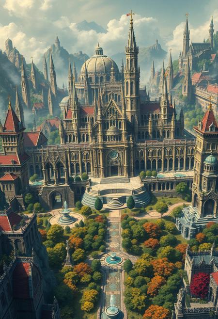 a breathtakingly detailed, high-contrast, ultra-high-resolution digital image of a sprawling, majestic Imperial city set in a fantastical world, with intricate stone architecture, grandiose spires, and majestic archways, surrounded by lush, vibrant forests and meandering rivers, with minute details such as ornate fountains, intricate mosaics, and regal crests, rendered in a mix of traditional and digital media, with bold, expressive lines, and a predominantly muted color palette with splashes of gold, crimson, and cerulean, accented by subtle, atmospheric lighting and misty ambient effects, conveying a sense of grandeur, mystery, and ancient history.