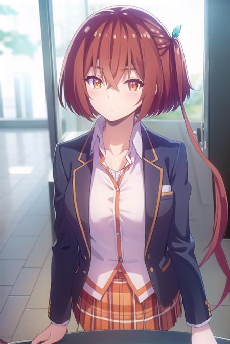 maonanjou, <lora:mao nanjou s1-lora-nochekaiser:1>,
mao nanjou, long hair, (orange eyes:1.3), red hair, side ponytail,
BREAK skirt, school uniform, jacket, plaid, plaid skirt, blazer,
BREAK indoors, classroom,
BREAK looking at viewer,
BREAK <lyco:GoodHands-beta2:1>, (masterpiece:1.2), best quality, high resolution, unity 8k wallpaper, (illustration:0.8), (beautiful detailed eyes:1.6), extremely detailed face, perfect lighting, extremely detailed CG, (perfect hands, perfect anatomy),