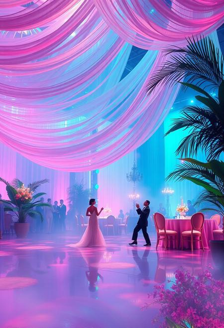 An inspired high-society ballroom scene, where the draping of fabric mimics  fluid, organic linework, making the image feel alive with movement., ethereal watercolor fantasy, crisp retro tropical aesthetics, glowing celestial elements, dreamy pastel mist, vivid neon blues and pinks, mystical flowing details, surreal 80s nostalgia, soft iridescent highlights, fantasy nature blending with modern architecture